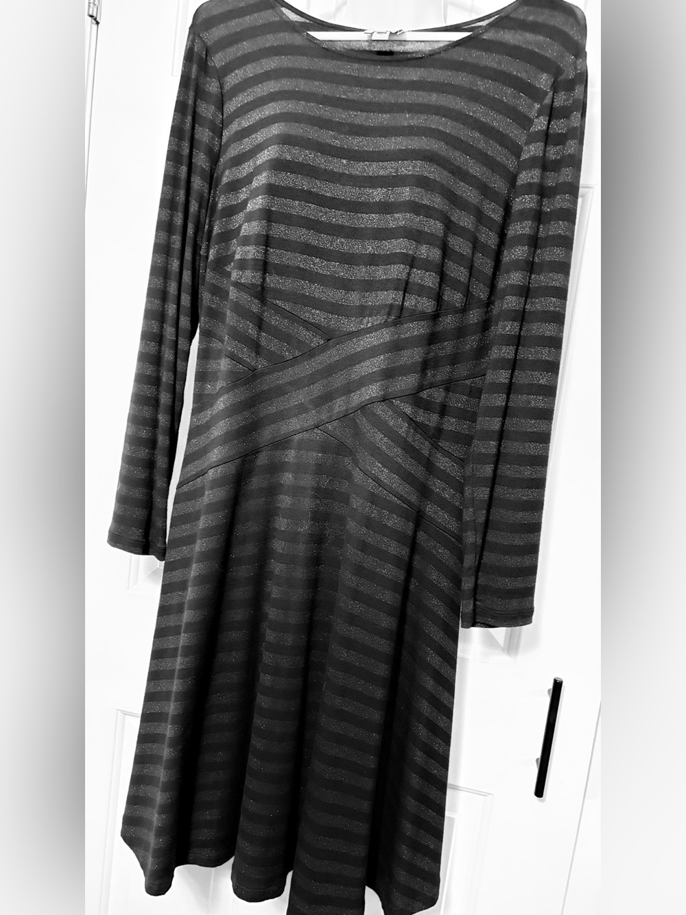 Beige by eci Black and Gray Shimmer Long Sleeve Striped Fit-and-Flare Dress